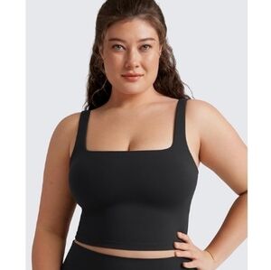 Square Neck Crop Tank Top Workout Longline Sports Bra Black
